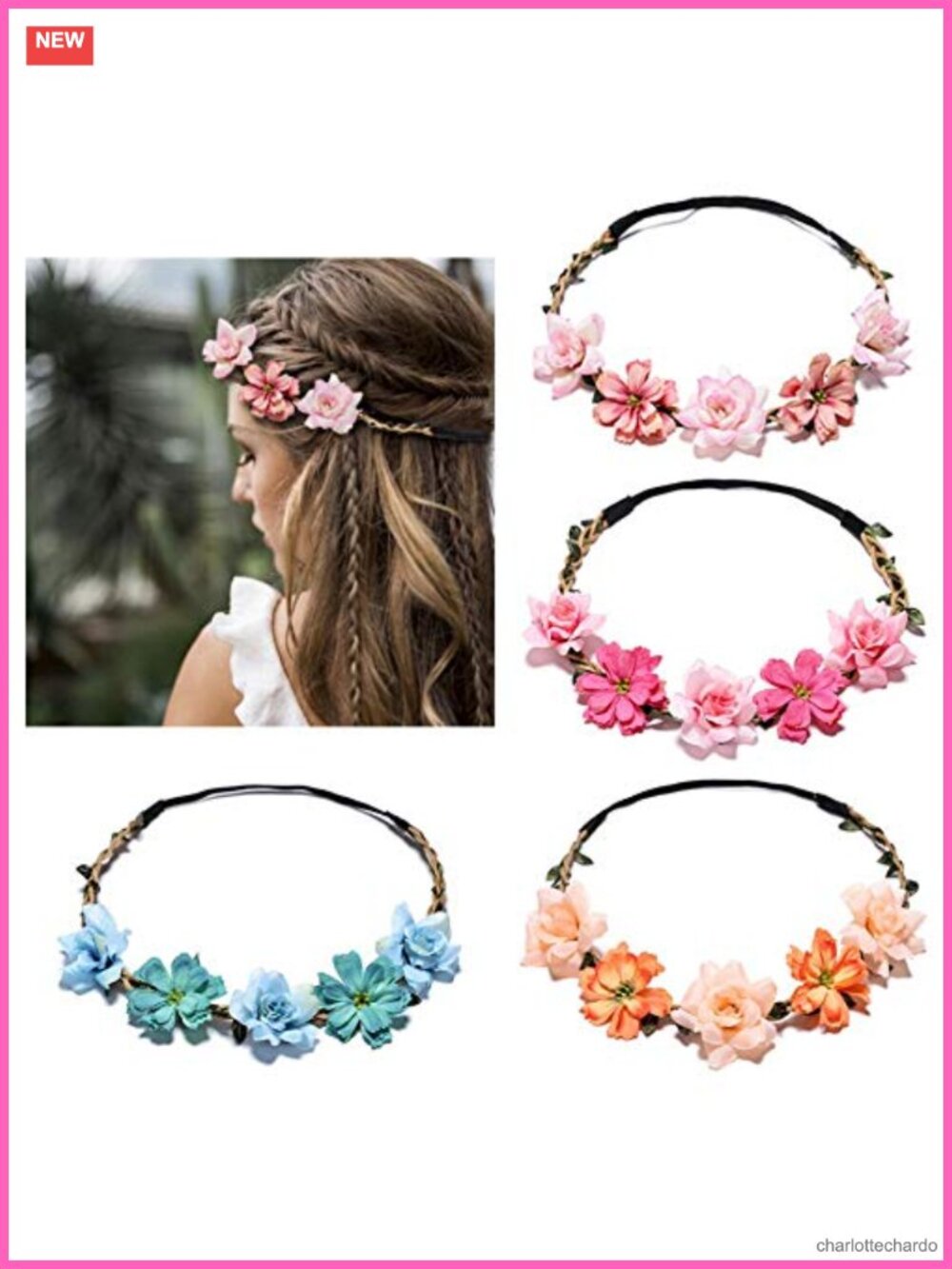 6 Pack Floral Headbands Elastic Ribbon Flower Crown Bridal Wedding